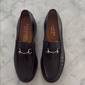 Gucci Black Leather Horsebit Lug Loafers